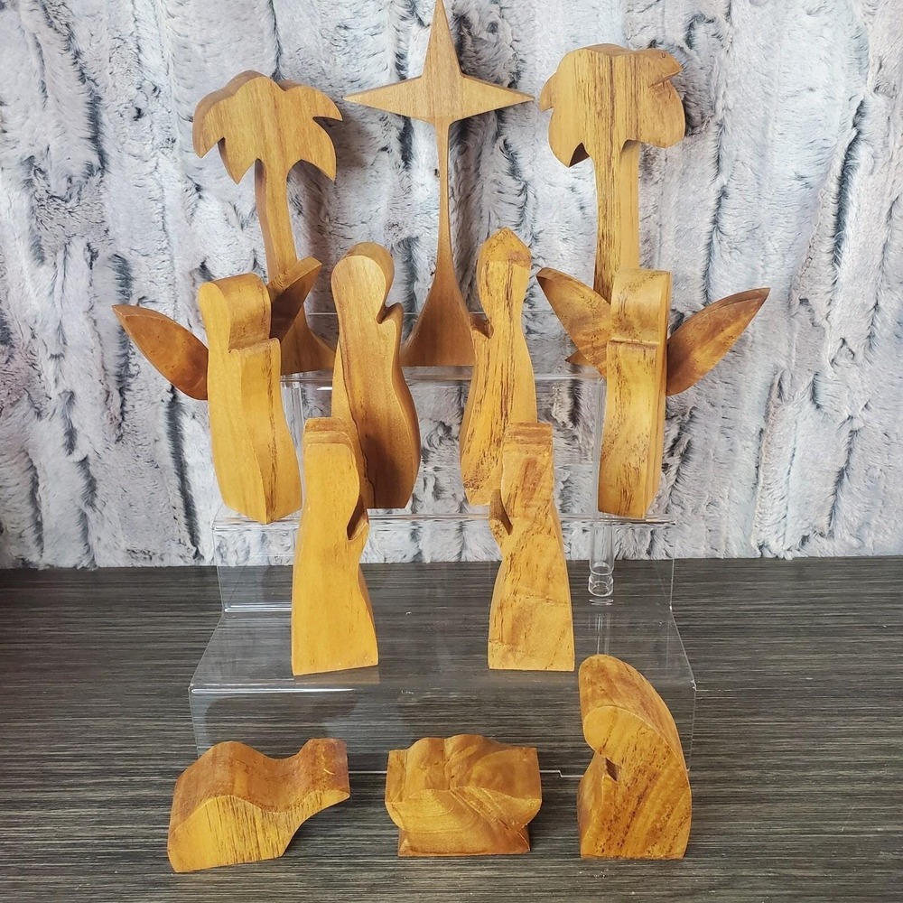 Mid Century‎ Modern Wooden Nativity Set 12 Pc MCM Palm Trees Cross Angels - Wood